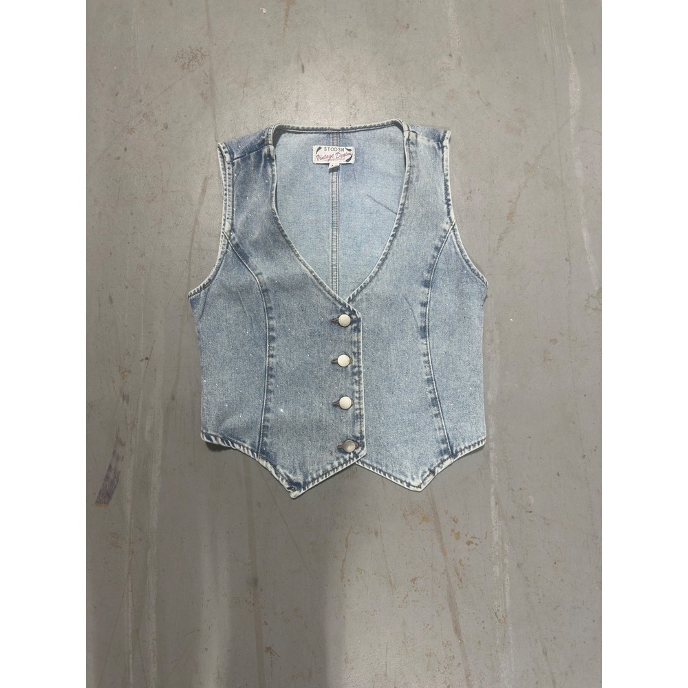 Stoosh Vintage Denim Rhinestone Vest Blue Light Wash Button Front Size Small